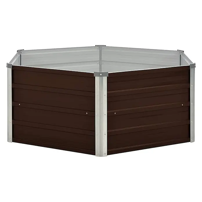 Furnicato Hochbeet - 129 x 129 x 46 cm, Stahl, Braun - Sechseckiges braunes Metall-Hochbeet mit silbernen Eckpfosten und oberen Kanten.