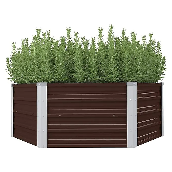 Furnicato Hochbeet - 129 x 129 x 46 cm, Stahl, Braun - Braunes Hochbeet aus Wellblech mit silbernen Eckpfosten, gefüllt mit grünen Pflanzen.