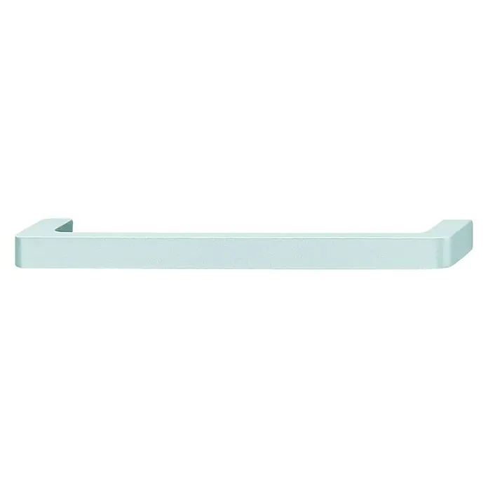 Häfele Tirador para muebles - Tipo de tirador del mueble: Estribo, L x An x Al: 106 x 10 x 27 mm, Aluminio, Otros - Primer plano de una barra de toalla rectangular azul claro sobre un fondo negro. Perfecto para cualquier baño.