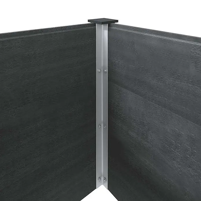 Furnicato Hochbeet - 50 x 200 x 91 cm, Verbundwerkstoff, Grau - Silberner Eckpfosten verbindet zwei dunkelgraue Zaunfelder im rechten Winkel.
