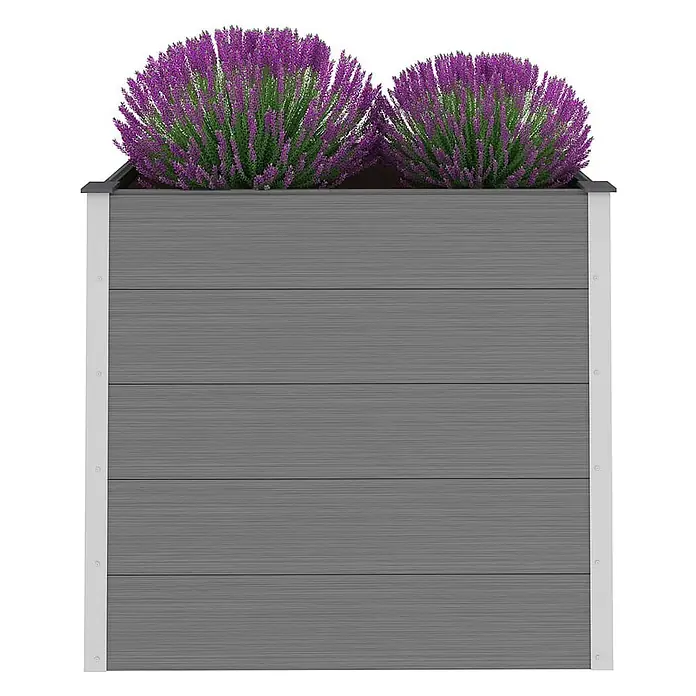 Furnicato Hochbeet - 50 x 100 x 91 cm, Verbundwerkstoff, Grau - Graues Verbundholz-Pflanzgefäß mit Metallleisten, gefüllt mit zwei lila Heidepflanzen.