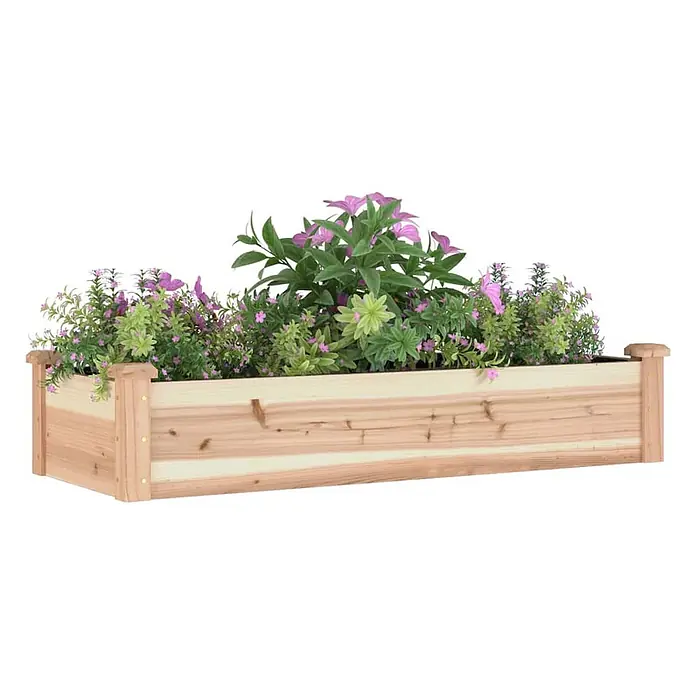 Furnicato Hochbeet - 45 x 120 x 25 cm, Holz, Natur - Rechteckiger Blumenkasten aus Holz mit Eckpfosten, gefüllt mit üppigem Grün und violetten Blüten.