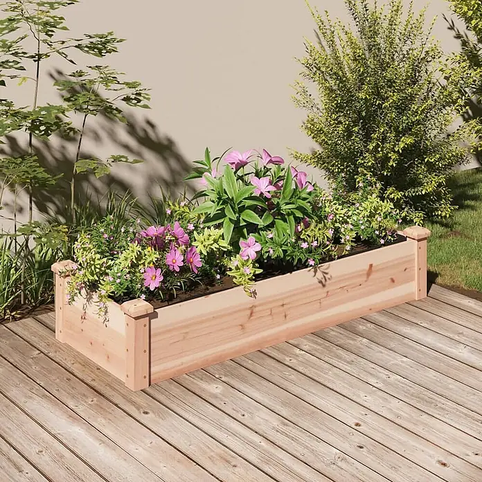 Furnicato Hochbeet - 45 x 120 x 25 cm, Holz, Natur - Natürliches Holz Hochbeet, gefüllt mit bunten Blumen, auf einer Gartenterrasse.