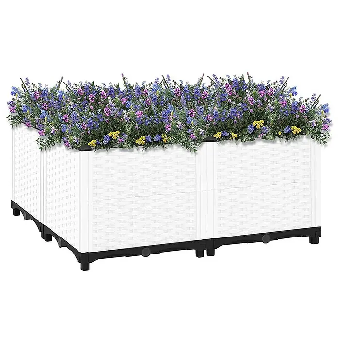 Furnicato Hochbeet Polypropylen - 80 x 80 x 38 cm, Kunststoff, Weiß - Weißes Hochbeet in Rattan-Optik mit schwarzem Untergestell, gefüllt mit bunten lila, blauen und gelben Blumen.