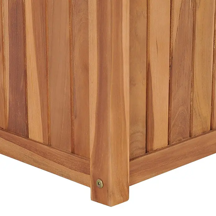 Furnicato Hochbeet - 50 x 50 x 50 cm, Holz, Braun - Eckdetail eines Pflanzkübels oder einer Aufbewahrungsbox aus Lattenholz in natürlicher Teakholzfarbe mit Basisrahmen.