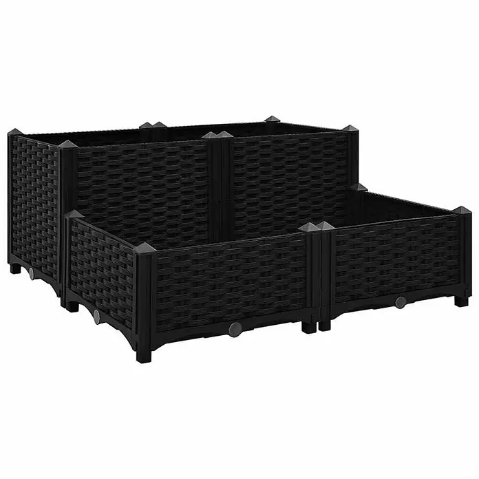 Furnicato Hochbeet Polypropylen - 80 x 80 x 38 cm, Kunststoff, Schwarz - Schwarzes Hochbeet im Rattan-Look, zweistufig, für den Garten.