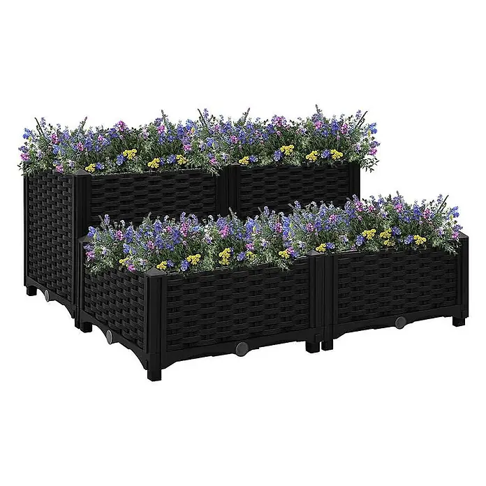 Furnicato Hochbeet Polypropylen - 80 x 80 x 38 cm, Kunststoff, Schwarz - Gestufte, schwarze Hochbeete in Rattan-Optik, gefüllt mit blauen, lila und gelben Blumen.