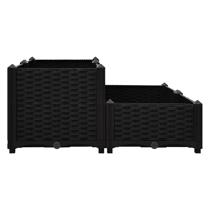 Furnicato Hochbeet Polypropylen - 80 x 80 x 38 cm, Kunststoff, Schwarz - Schwarzes, zweistufiges Hochbeet aus Rattan-Optik-Kunststoff mit Abläufen.