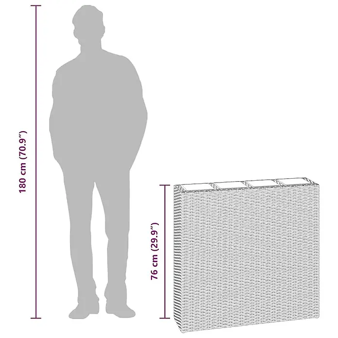 Furnicato Hochbeet Poly Rattan - 79 x 22 x 76 cm, Kunststoff, Braun - Lange Rattan-Aufbewahrungsbox mit mehreren Fächern, neben einer 180 cm großen Person als Größenvergleich. Die Box ist 76 cm hoch.