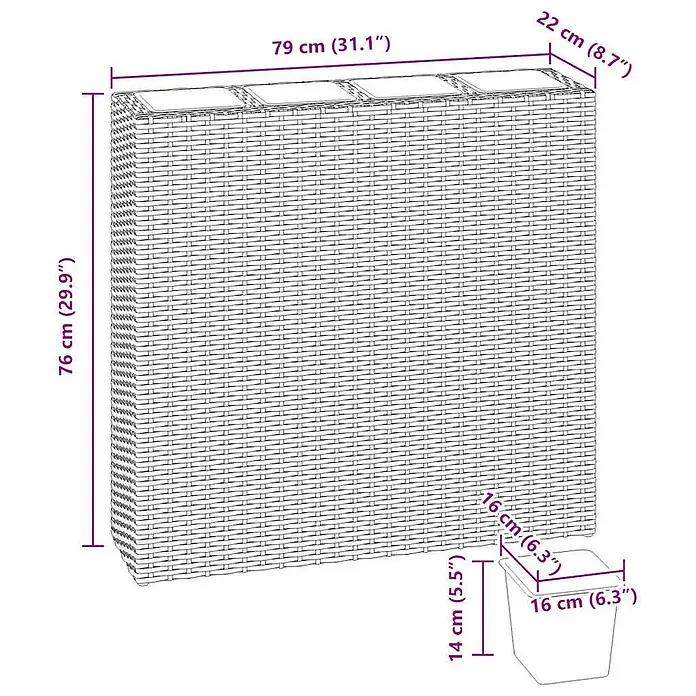 Furnicato Hochbeet Poly Rattan - 79 x 22 x 76 cm, Kunststoff, Braun - Geflochtener rechteckiger Pflanzkasten mit drei herausnehmbaren Einsätzen, Maße sichtbar.