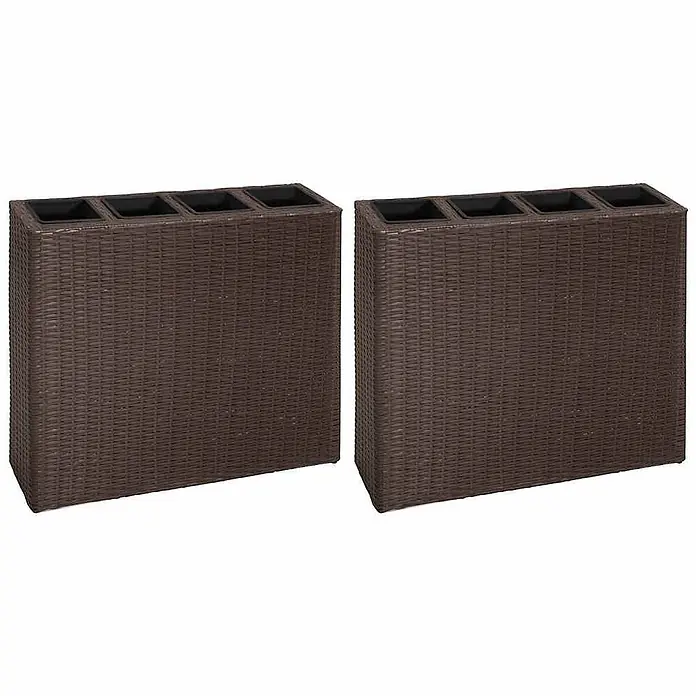Furnicato Hochbeet Poly Rattan - 79 x 22 x 76 cm, Kunststoff, Braun - Zwei braune rechteckige Pflanzgefäße im Rattan-Stil, jedes mit vier schwarzen Inneneinsätzen.
