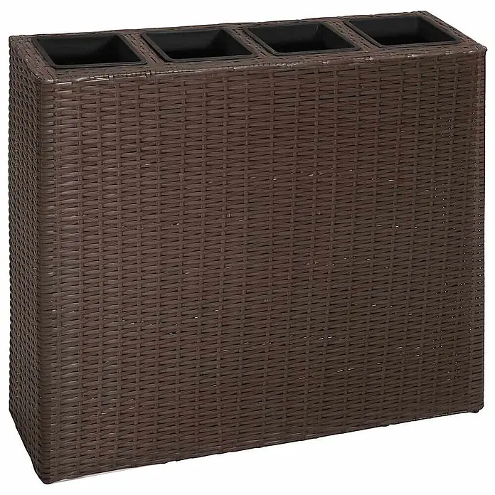 Furnicato Hochbeet Poly Rattan - 79 x 22 x 76 cm, Kunststoff, Braun - Brauner Rattan-Look-Pflanzkasten mit vier schwarzen quadratischen Pflanzeinsätzen.