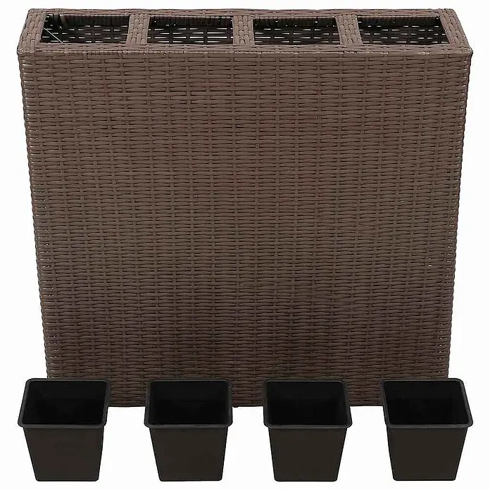 Furnicato Hochbeet Poly Rattan - 79 x 22 x 76 cm, Kunststoff, Braun - Brauner Rattan-Pflanzkasten mit vier Öffnungen und vier schwarzen Kunststoff-Pflanzgefäßeinsätzen.