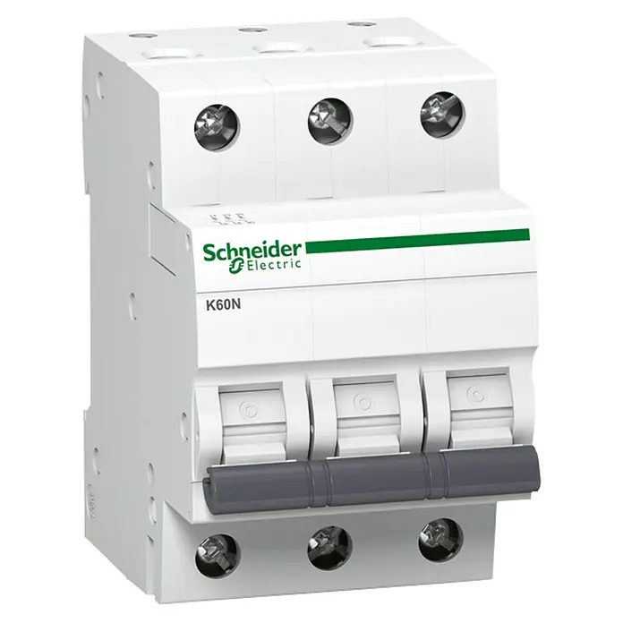 Schneider Electric Leitungsschutzschalter K60N - Auslösecharakteristik: B, 32 A, Bemessungsfehlerstrom: 6 kA, Polanzahl: 3 Stk. - Produktbild eines dreipoligen Schneider Electric K60N Leitungsschutzschalters.