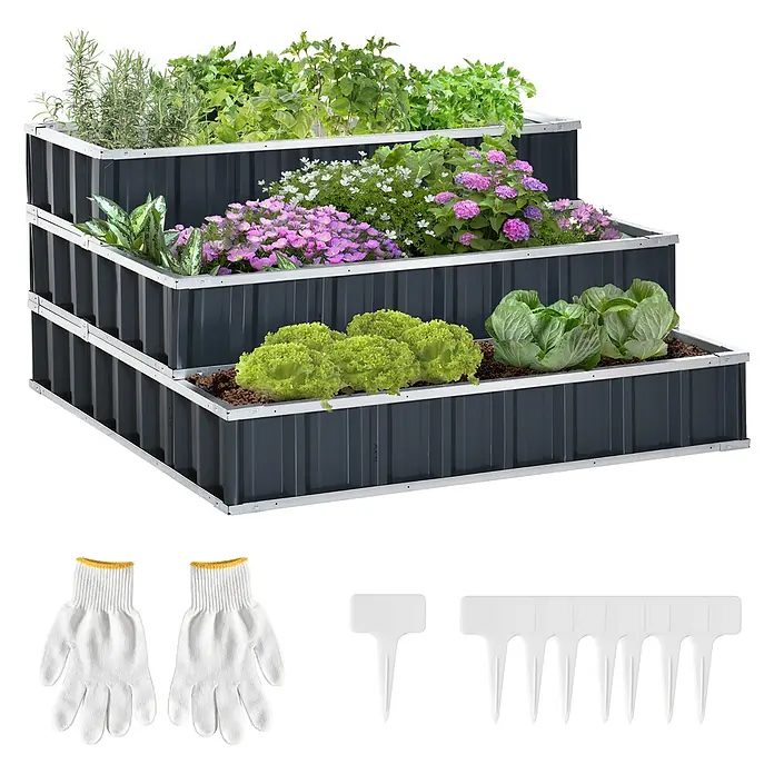 Furnicato Hochbeet - 118 x 118 x 62 cm, Stahl, Dunkelgrau - Dreistufiges dunkelgraues Hochbeet aus Metall mit Gartenhandschuhen und Pflanzensteckern.