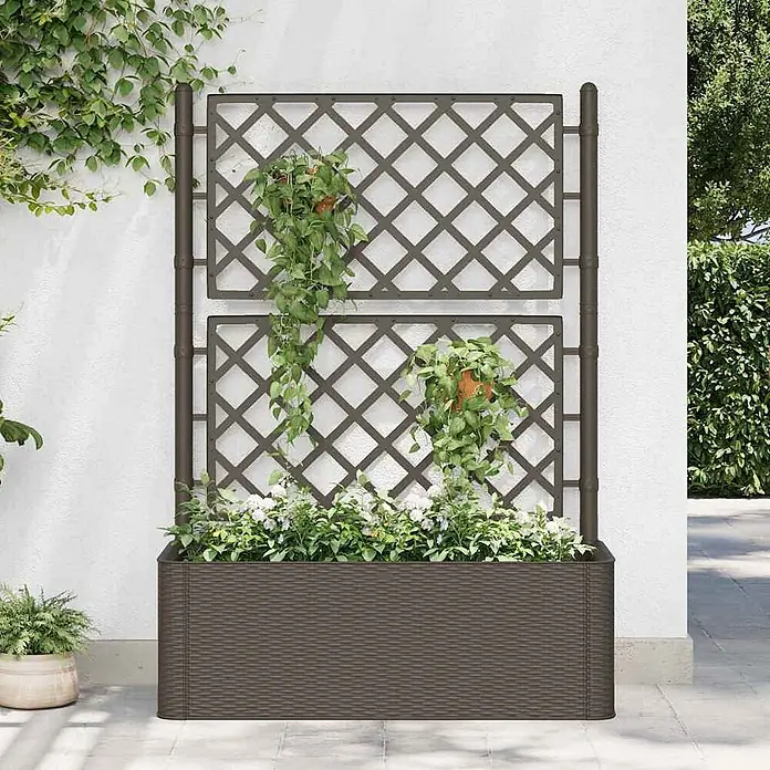 Furnicato Hochbeet - 100 x 43 x 142 cm, Kunststoff, Mokka - Brauner Pflanzkasten in Rattanoptik mit rautenförmigem Rankgitter, im Freien.