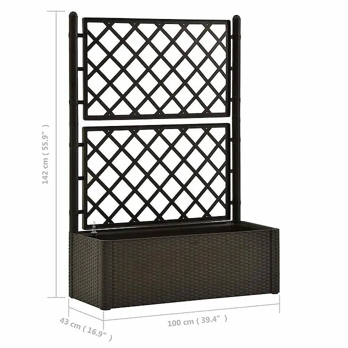 Furnicato Hochbeet - 100 x 43 x 142 cm, Kunststoff, Mokka - Dunkelbrauner Pflanzkübel im Rattan-Stil mit integriertem Spalier, 100 cm breit, 43 cm tief und 142 cm hoch.