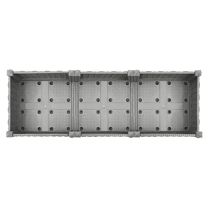 Furnicato Hochbeet - 120 x 40 x 23 cm, Kunststoff, Hellgrau - Draufsicht auf das Innere eines grauen modularen Kunststoffpflanzgefäßes mit perforierten Drainageplatten und Stützstreben.