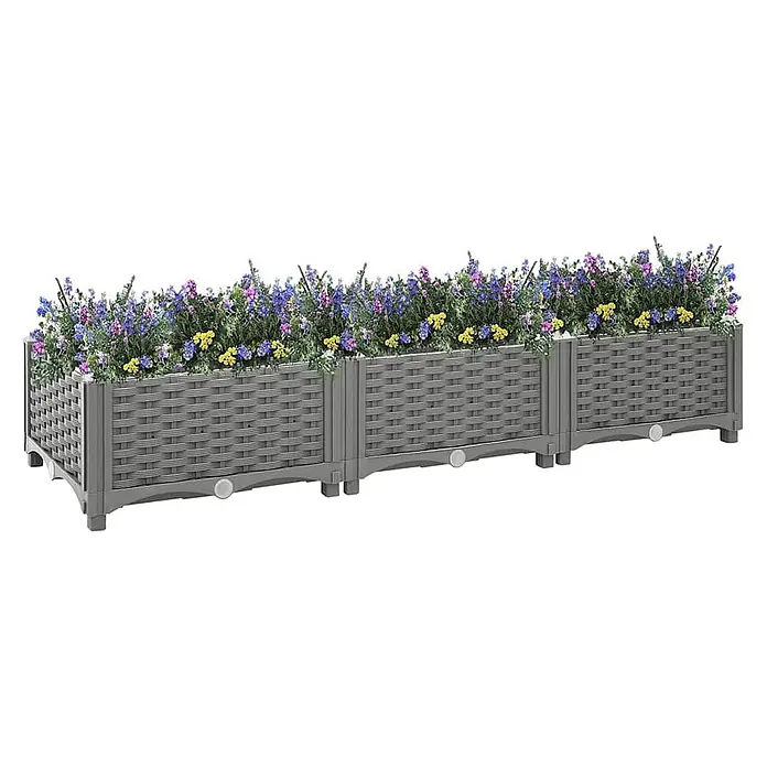 Furnicato Hochbeet - 120 x 40 x 23 cm, Kunststoff, Hellgrau - Langes, graues, modulares Pflanzgefäß in Flechtoptik, gefüllt mit bunten Kunstblumen in Blau, Lila und Gelb.