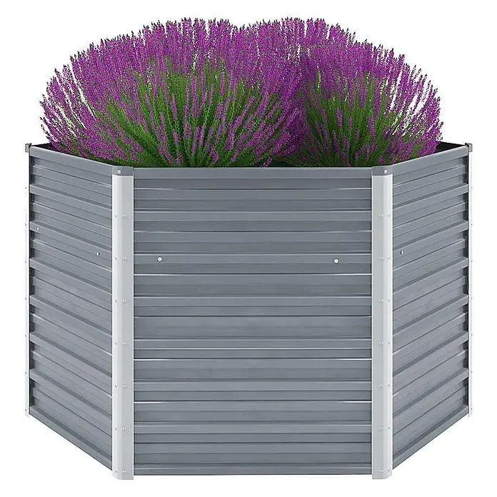 Furnicato Hochbeet - 129 x 129 x 77 cm, Stahl, Grau - Sechseckiges Hochbeet aus grauem Wellblech, gefüllt mit leuchtend violetten Pflanzen.