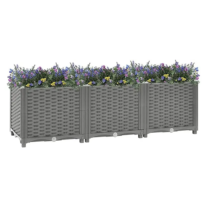 Furnicato Hochbeet - 120 x 40 x 38 cm, Kunststoff, Hellgrau - Modulares graues Pflanzgefäß in Flechtoptik mit blauen, lila und gelben Blumen.