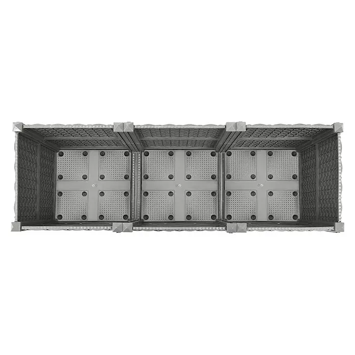 Furnicato Hochbeet - 120 x 40 x 38 cm, Kunststoff, Hellgrau - Blick von oben auf ein rechteckiges, dunkelgraues, modulares Kunststoff-Pflanzgefäß mit drei Innenfächern und perforierten Böden.