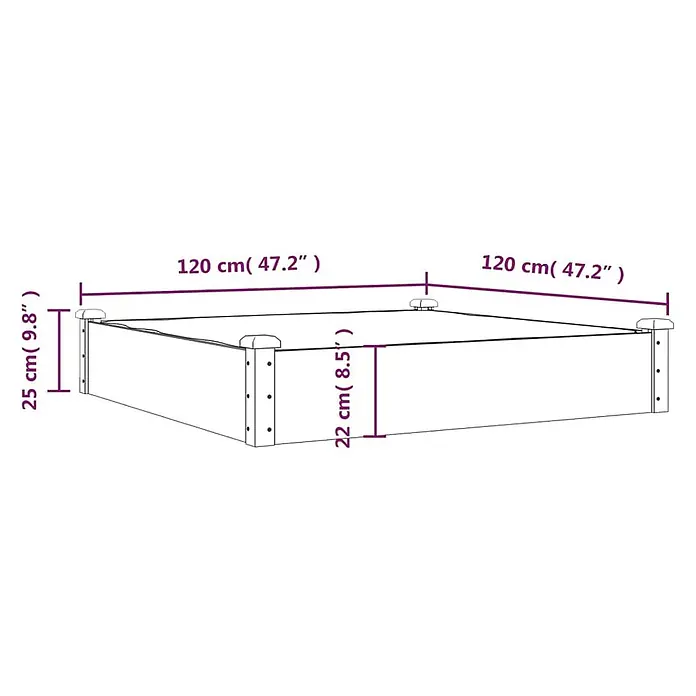 Furnicato Hochbeet - 120 x 120 x 25 cm, Holz, Braun - Quadratisches Hochbeet, 120 cm (47,2 Zoll) breit und 25 cm (9,8 Zoll) hoch, mit Innenwänden 22 cm (8,5 Zoll) hoch.
