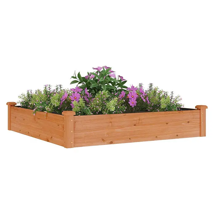 Furnicato Hochbeet - 120 x 120 x 25 cm, Holz, Braun - Rechteckiges Hochbeet aus Holz, gefüllt mit rosa Blumen und grünen Pflanzen.