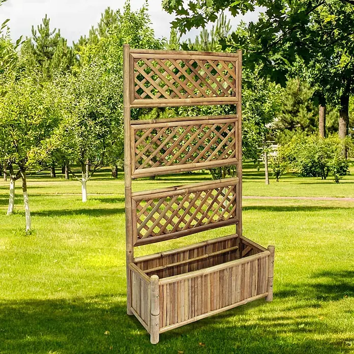 Furnicato Hochbeet - 30 x 70 x 135 cm, Naturmaterialien, Braun - Großer Bambus-Pflanzkasten mit integriertem Rankgitter für Kletterpflanzen, in Naturholzfarbe.