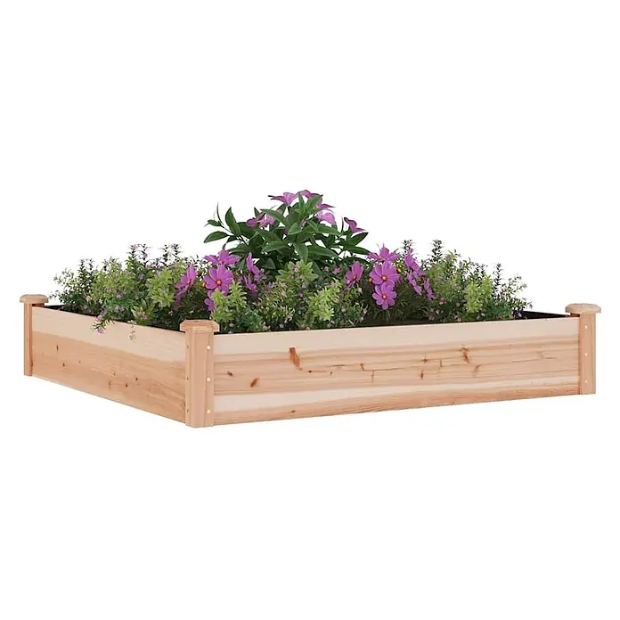 Furnicato Hochbeet - 120 x 120 x 25 cm, Holz, Natur - Hochbeet aus Holz, gefüllt mit grünen Pflanzen und lila Blüten.