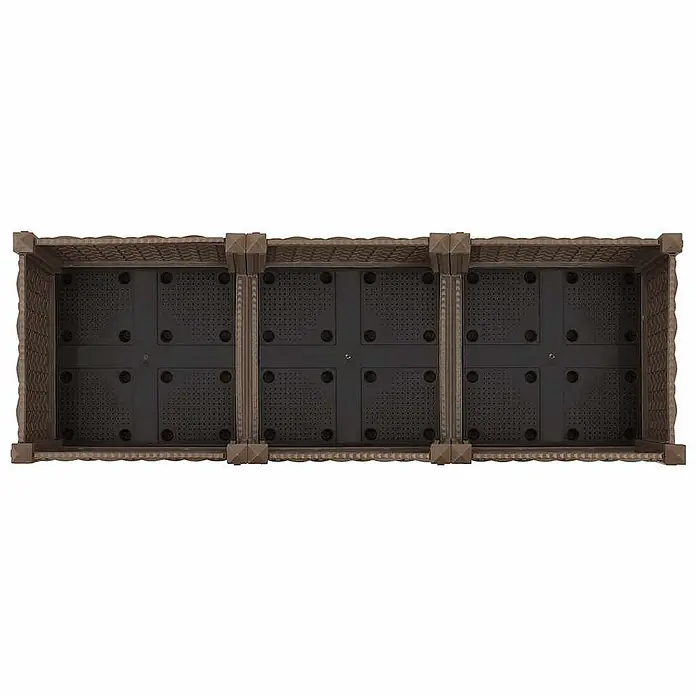 Furnicato Hochbeet - 40 x 120 x 23 cm, Kunststoff, Braun - Draufsicht auf drei braune, miteinander verbundene, strukturierte Hochbeet-Module mit dunkelgrauen perforierten Böden.