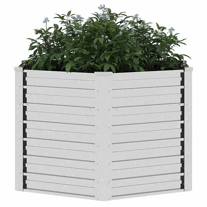 Furnicato Hochbeet - 129 x 129 x 77 cm, Stahl, Silber - Helles, mehrseitiges Hochbeet in Grau, gefüllt mit grünen Pflanzen und kleinen weißen Blüten.