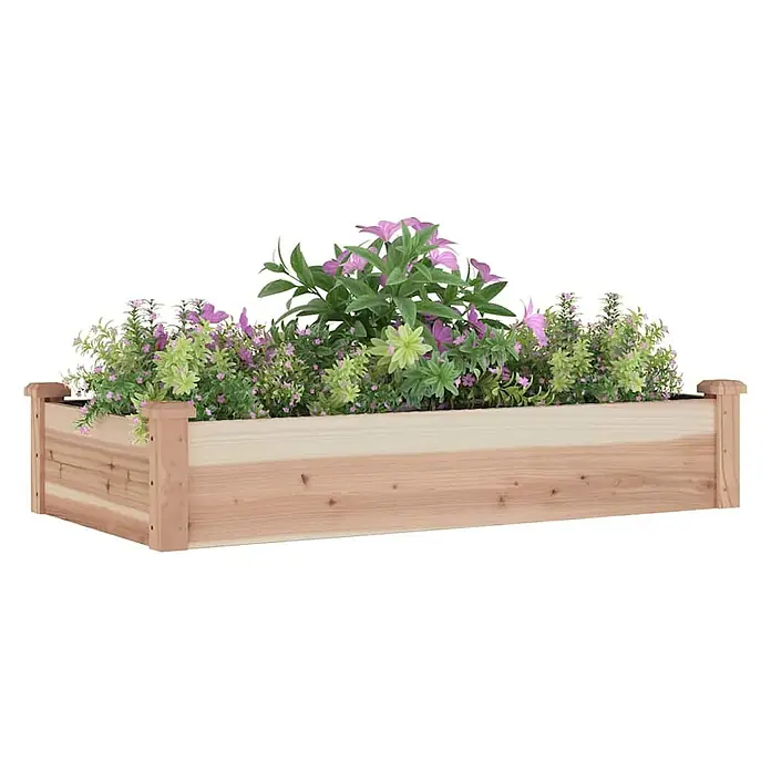 Furnicato Hochbeet - 120 x 60 x 25 cm, Holz, Natur - Hellbraunes Holz-Hochbeet gefüllt mit verschiedenen künstlichen grünen und lila Pflanzen.