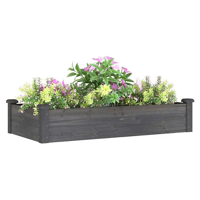 Furnicato Hochbeet - 120 x 60 x 25 cm, Holz, Grau - Dunkles Holz Hochbeet, gefüllt mit künstlichen rosa, lila und hellgrünen Blumen.