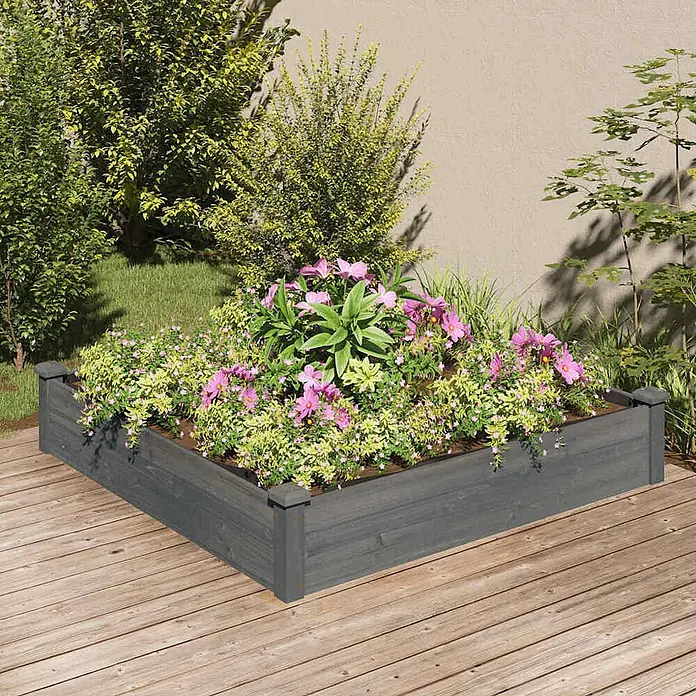 Furnicato Hochbeet - 120 x 120 x 25 cm, Holz, Grau - Dunkelgraues Hochbeet aus Holz, gefüllt mit bunten Blumen, auf einer Holzterrasse im Garten.