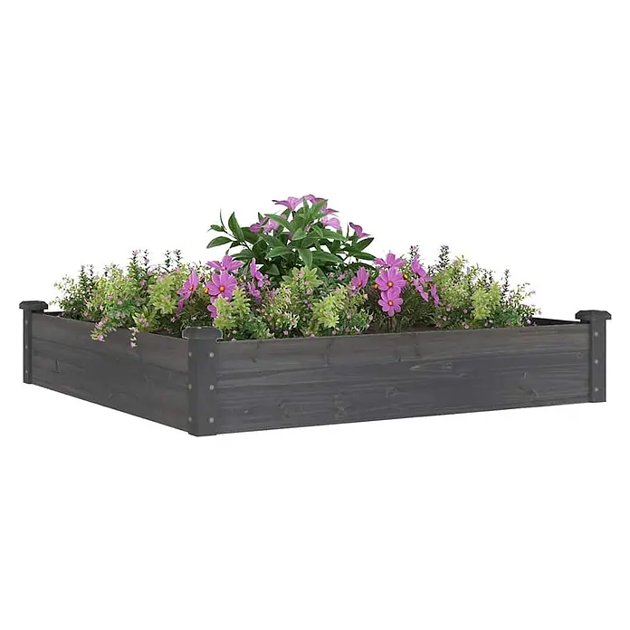 Furnicato Hochbeet - 120 x 120 x 25 cm, Holz, Grau - Dunkelgraues Hochbeet aus Holz mit lila Blumen und grünen Pflanzen.