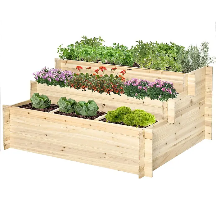 Furnicato Hochbeet - 117 x 100 x 54 cm, Holz, Naturholz - Gestuftes Hochbeet aus hellem Holz mit drei Ebenen, bepflanzt mit Pflanzen, Blumen und Gemüse.