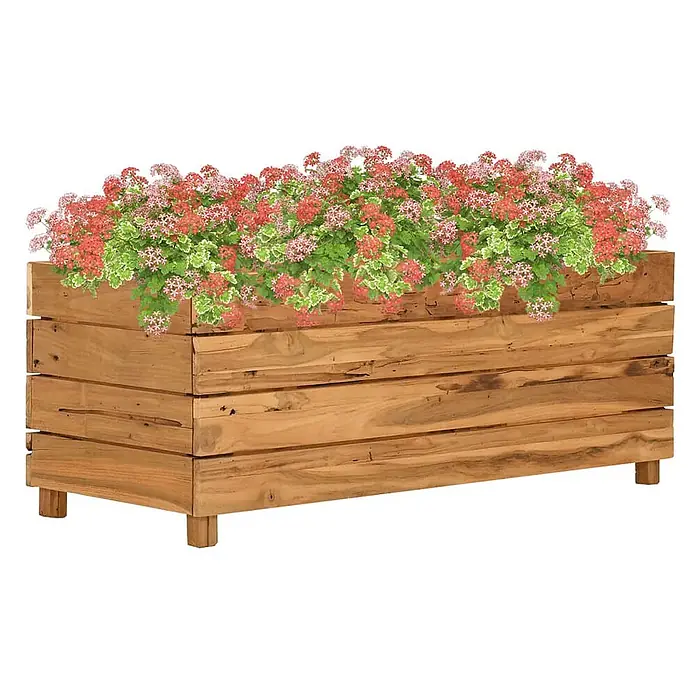 Furnicato Hochbeet - 100 x 40 x 38 cm, Holz, Braun - Hölzernes Pflanzgefäß gefüllt mit leuchtend rosa und roten Blumen und grünem Laub.