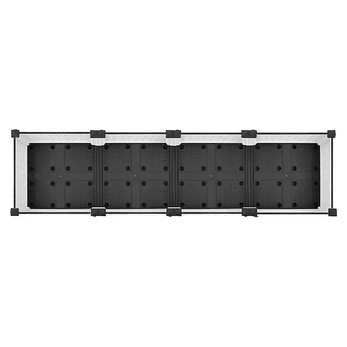 Furnicato Hochbeet - 160 x 40 x 23 cm, Kunststoff, Weiß - Draufsicht auf ein rechteckiges, schwarz-weißes modulares Kunststoff-Regalsystem mit mehreren Fächern.