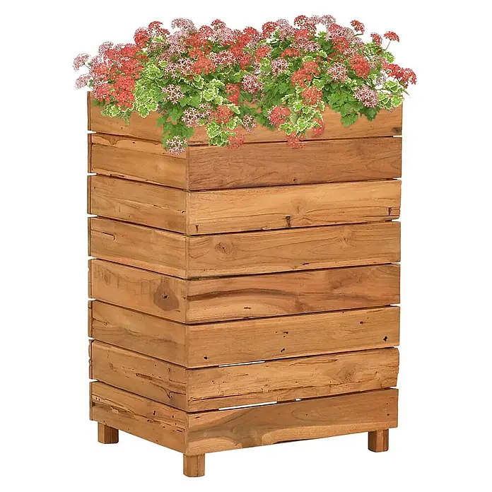 Furnicato Hochbeet - 50 x 40 x 72 cm, Holz, Braun - Hölzerner Lamellen-Pflanzkübel gefüllt mit rot-grünen Blütenpflanzen.
