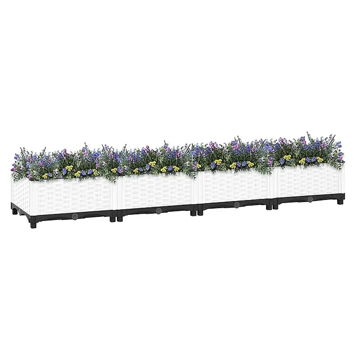 Furnicato Hochbeet - 160 x 40 x 23 cm, Kunststoff, Weiß - Weißes, geflochtenes, modulares Pflanzgefäß mit schwarzem Sockel, gefüllt mit blauen, lila und gelben Blumen.