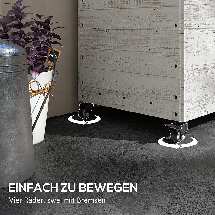 Furnicato Hochbeet - 110 x 50 x 95 cm, Holz, Weiß - Weißer Schrank aus Altholz auf Rollen, zwei davon mit Bremsen, für leichte Bewegung.