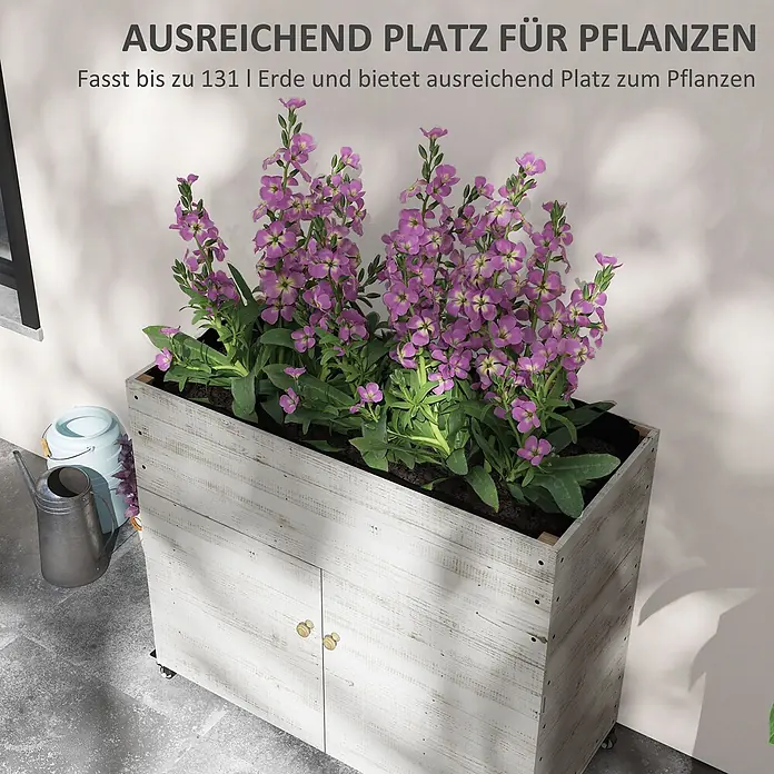 Furnicato Hochbeet - 110 x 50 x 95 cm, Holz, Weiß - Großer weiß gekalkter Pflanzkübel aus Holz (131L) mit lila Blumen, Staufach und Rollen.