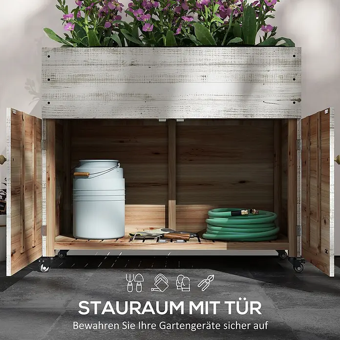 Furnicato Hochbeet - 110 x 50 x 95 cm, Holz, Weiß - Pflanzkasten aus weiß gekalktem Holz mit Stauraum auf Rollen, offene Türen zeigen Gartengeräte und Blumen.