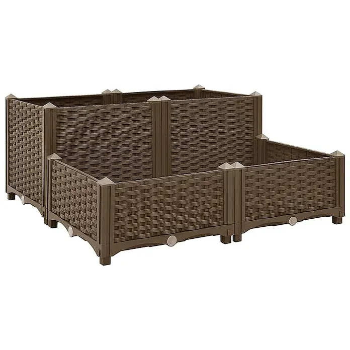 Furnicato Hochbeet Polypropylen - 80 x 80 x 38 cm, Kunststoff, Braun - Braunes Hochbeet aus Kunststoff in Rattan-Optik mit gestuftem, zweistufigem Design.