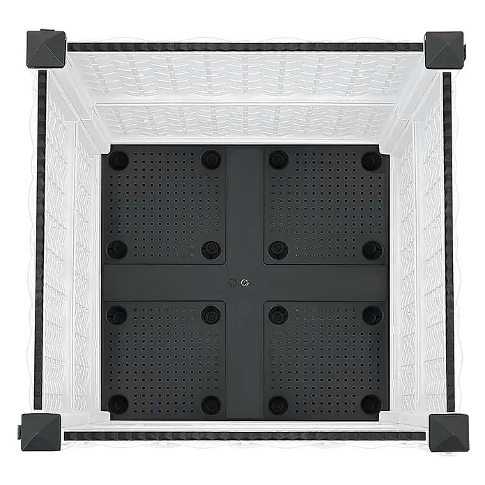Furnicato Hochbeet - 40 x 40 x 38 cm, Kunststoff, Weiß - Dunkelgraue, perforierte Kunststoff-Bodenplatte eines modularen Aufbewahrungswürfels, umgeben von weißen Strukturbegrenzungen und dunklen Eckverbindern.