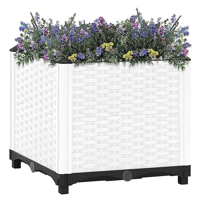 Furnicato Hochbeet - 40 x 40 x 38 cm, Kunststoff, Weiß - Weißes Hochbeet im Rattan-Stil mit schwarzem Sockel, gefüllt mit bunten Blumen.