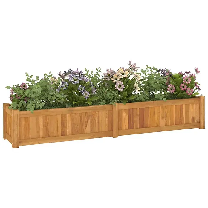 Furnicato Hochbeet - 30 x 150 x 25 cm, Holz, Braun - Langer Blumenkasten aus Holz, gefüllt mit bunten Blumen und grünen Pflanzen.