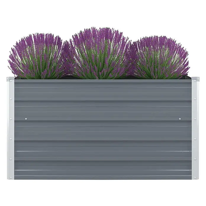 Furnicato Hochbeet verzinkter Stahl - 100 x 100 x 45 cm, Metall, Grau - Graues Wellblech Hochbeet mit drei lila blühenden Pflanzen.