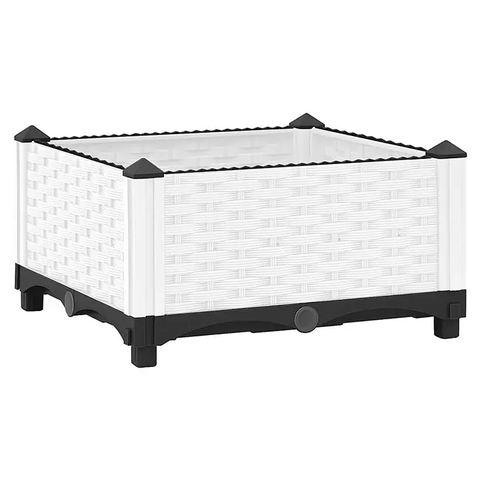 Furnicato Hochbeet - 40 x 40 x 23 cm, Kunststoff, Weiß - Weißer Kunststoff-Pflanzkasten mit Rattan-Optik, schwarzer Zierleiste und erhöhtem Boden.